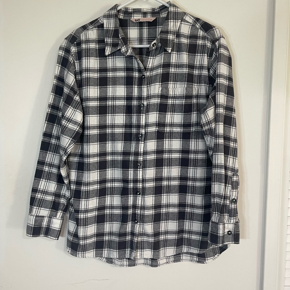 SO Women's Black and White Plaid Button Down Shirt